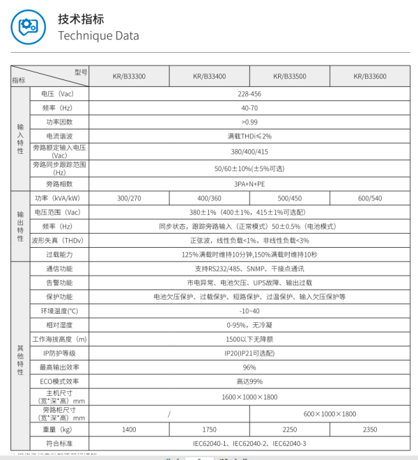 KR33系列三进三出UPS(300-800kVA)高频机 技术参数